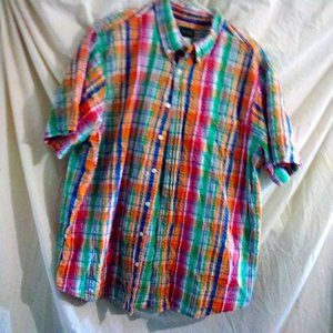Scandia Woods Short Sleeve Plaid Button Up Seersucker Shirt, Size. XL